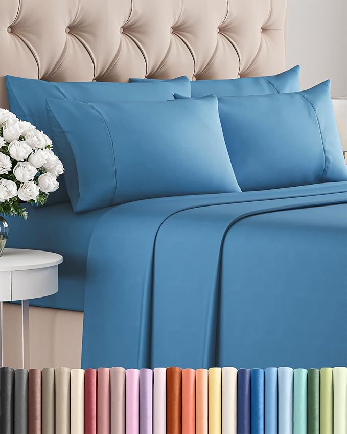 Full 6 Piece Sheet Set - Cooling & Breathable Bed Sheets - Hotel Luxury Bed Sheets for Women, Men, Kids & Teens - Bedding with Deep Pockets & Easy Fit - Soft and Wrinkle Free - Full Denim Blue Sheets