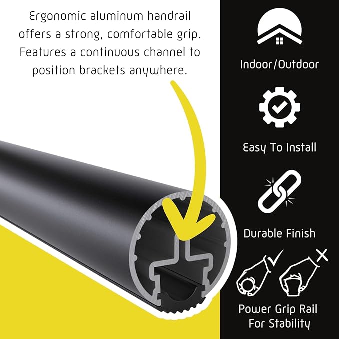 Promenaid 11ft Flush Handrail Kit - Satin Black - Complete Indoor/Outdoor Handrail for Stairs - 1.6" Round Anodized Aluminum Railing with 4 Satin Black Painted Pivoting Wall Brackets & Flush Endcaps