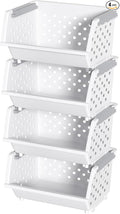 4 Pack Plastic Stacking Basket Organizer, Large Kitchen Open Front Stacking Storage Bins, White