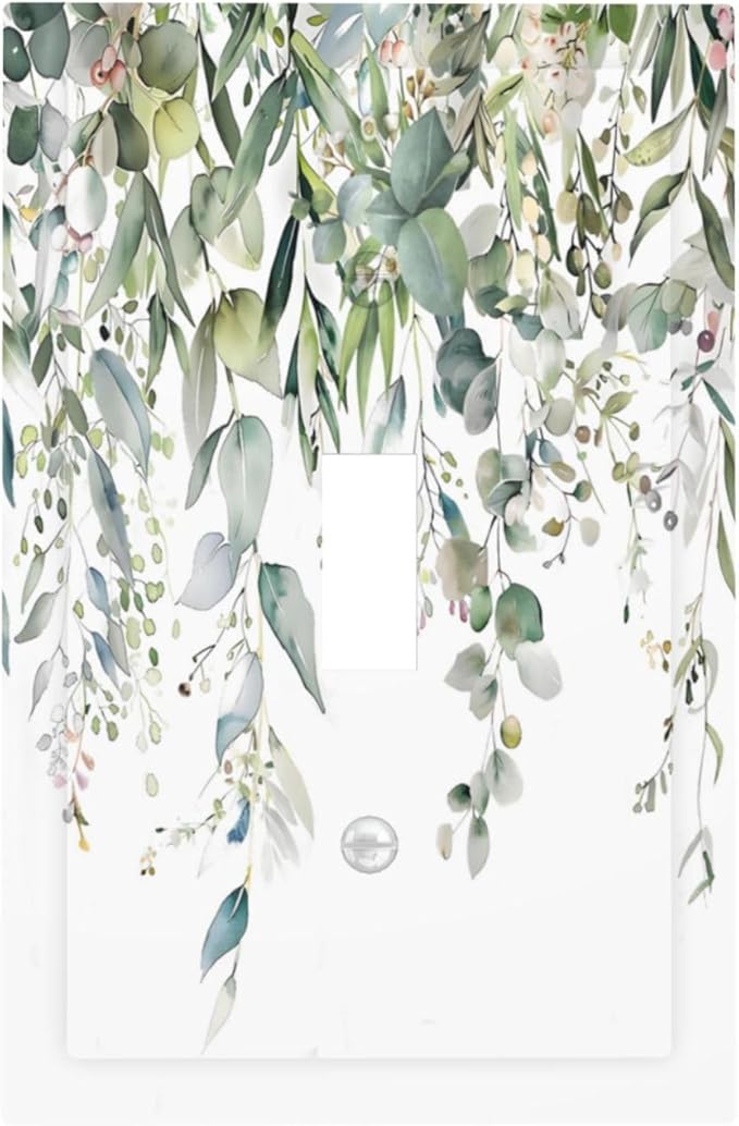 Sage Green Watercolor Eucalyptus Leaves Floral Flowers Decorative Light Switch Cover 1 Gang Single Toggle Device Electrical Faceplate Switchplates Decorator Outlet Wall Plate for Farmhouse Bed Room