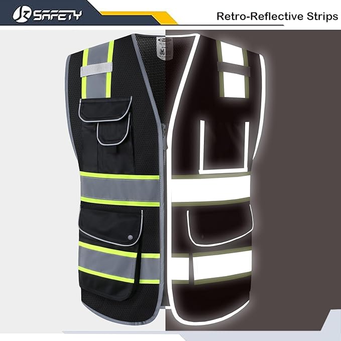 JKSafety 9 Pockets High Visibility Zipper Front MESH Black Safety Vest | Black with Dual Tone High Reflective Strips | ANSI/ISEA Standards (100-Black, XXL)