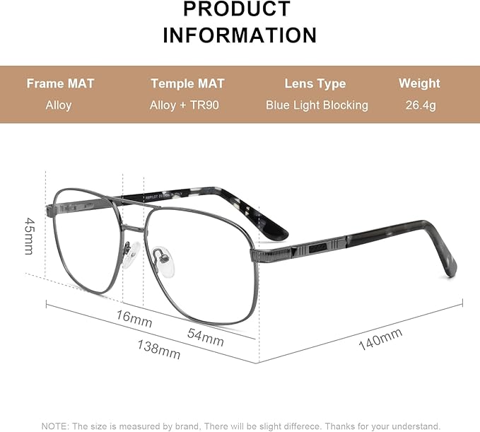 RB. Pilot Reading Glasses for Men Square Double Bridge Light Blocking Computer Readers Spring Hinge Metal Frame Acetate Legs