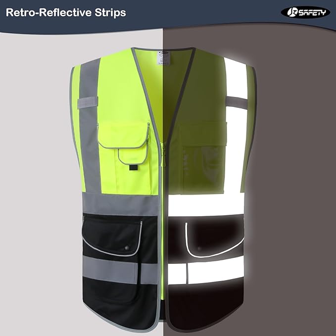 JKSafety 9 Pockets High Visibility Zipper Front Safety Vest With Reflective Strips,Meets ANSI/ISEA Standard (150-Yellow-Black, 3XL)