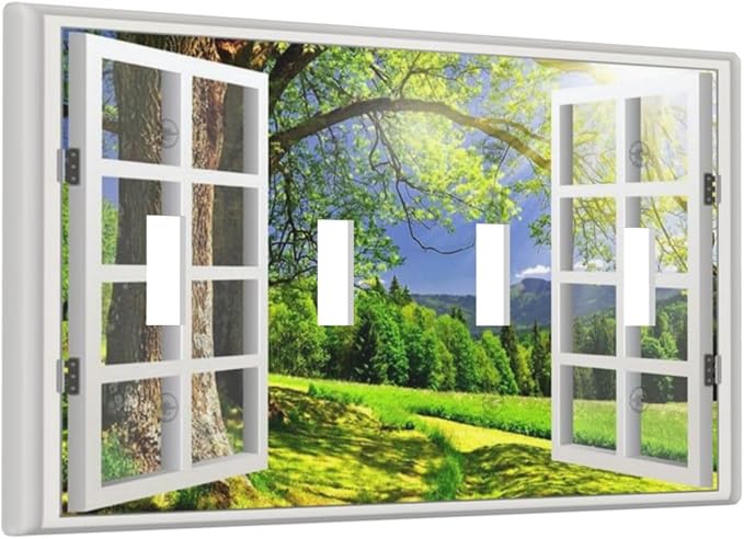 Light Switch Cover Window View Green Rustic Nature Wilderness 4 Gang Switch Plate Quad Toggle Wall Plates Decorative Switchplate Electrical Outlet Cover Plates for Bathroom Bedroom Decor