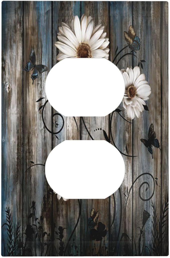 Rustic Wood Background Floral Butterfly Daisy Outlet Covers 1 Gang Duplex Light Switch Cover Decorative Switch Plates Electrical Receptacle Faceplate Wall Plate for Farmhouse Bedroom Decor