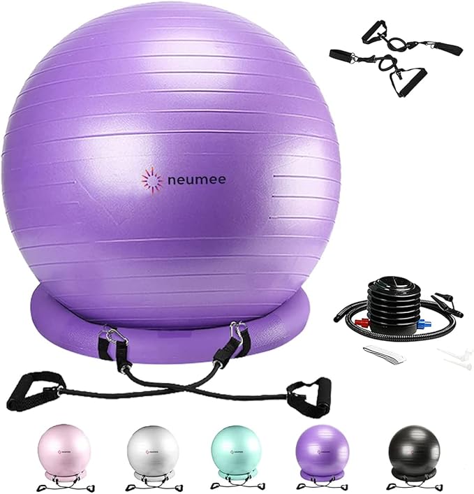 Yoga Ball Chair with 65cm Exercise Ball & 2 Resistance Bands, Stability Base for Home Office, Yoga, Pilates & Fitness, Balance Ball for Posture, Core Strength & Low Impact Workouts