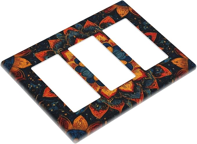 Colorful Oriental Floral Blooming Mandala Flower Triple Rocker Outlet Covers Decorative 3 Gang Wall Plate Gfci Light Switch Covers Electrical Receptacle Switchplate Plug Faceplate Bathroom