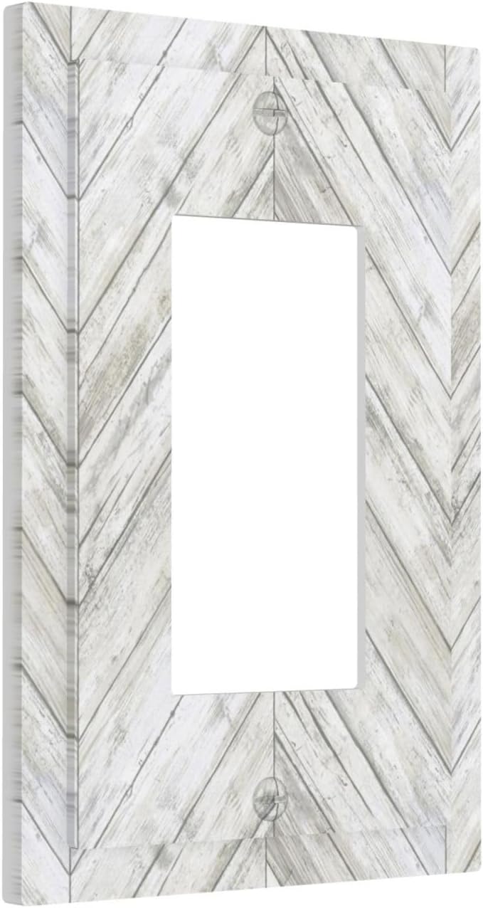 Rustic White Gray Herringbone Wood 1 Gang Rocker Light Switch Plate Vintage Country Single Decora Outlet Wall Plate Cover Faceplate Decorative Switchcovers GFCI for Farmhouse Living Room Decor