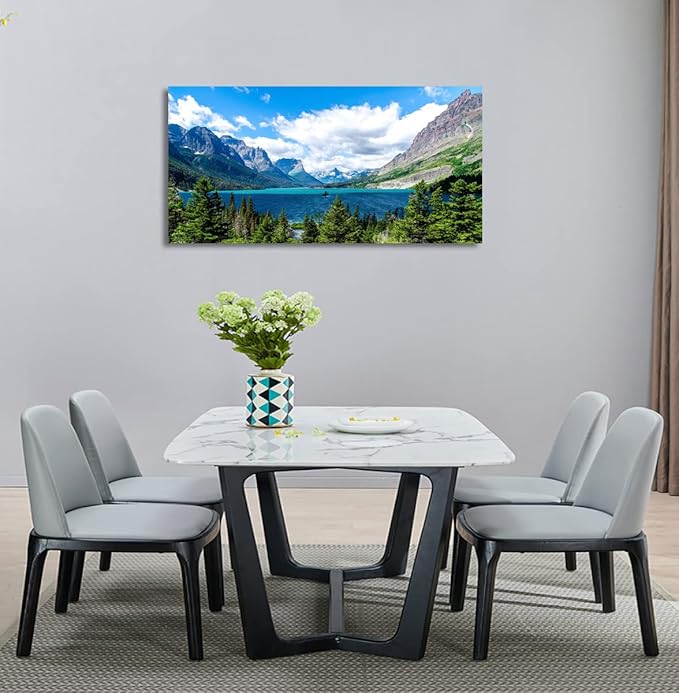 Landscape Saint Mary Lake Canvas Wall Art for Living Room Wall Decor Glacier National Park Canvas Pictures Blue Sky Mountain Forest Nature Scene Painting Artwork Home Office Decorations 24" x 48"