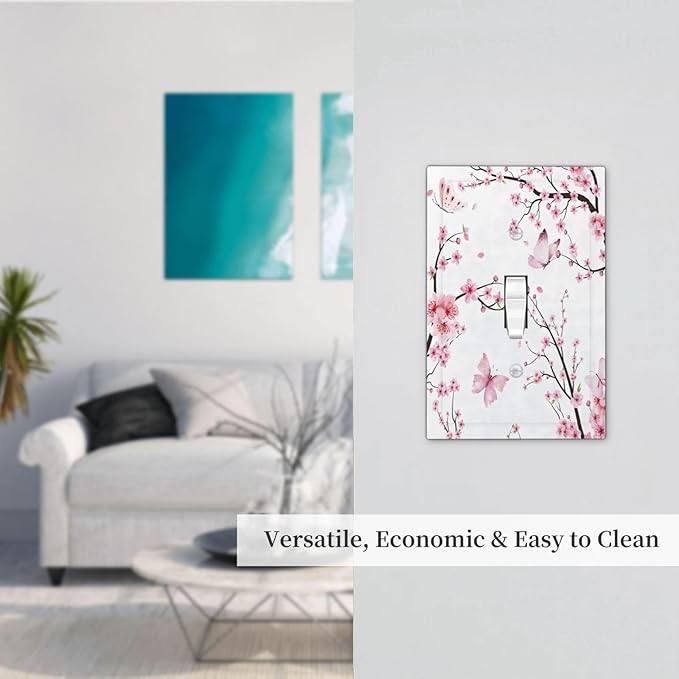 Cherry Floral Watercolor Pink Flowers Butterfly Decorative Light Switch Cover 1 Gang Single Toggle Device Electrical Faceplate Switchplates Decorator Outlet Wall Plate for Bed Room Living Room Decor