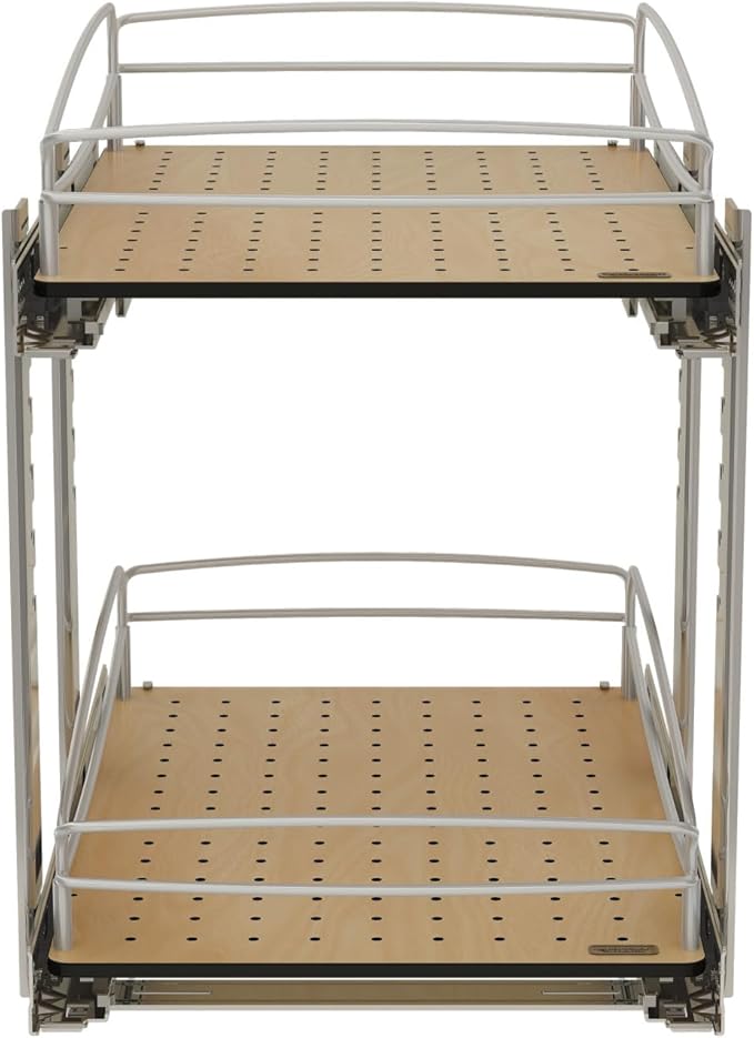 Rev-A-Shelf 2 Tier Pull Out Kitchen Cabinet Storage Organizer with Solid Bottom & Undermount Soft-Close Full Extension Slides, 54BK-15SC-2-1