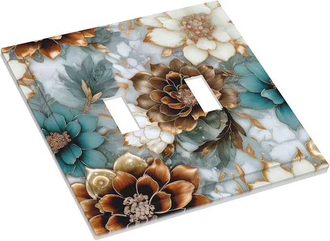 Vintage Marble Floral Gold/Green/White Metal Flowers Double Toggle Light Switch Covers Decorative 2 Gang Wall Plate Cover Dual Device Electrical Switchplate Dimmer Faceplate for Bathroom Decor