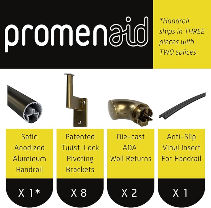 Promenaid 18ft ADA Handrail Kit - Architectural Bronze - Complete Indoor/Outdoor Handrail for Stairs - 1.6" Round Anodized Aluminum Railing with 8 Antique Brass Pivoting Brackets & ADA Wall Returns