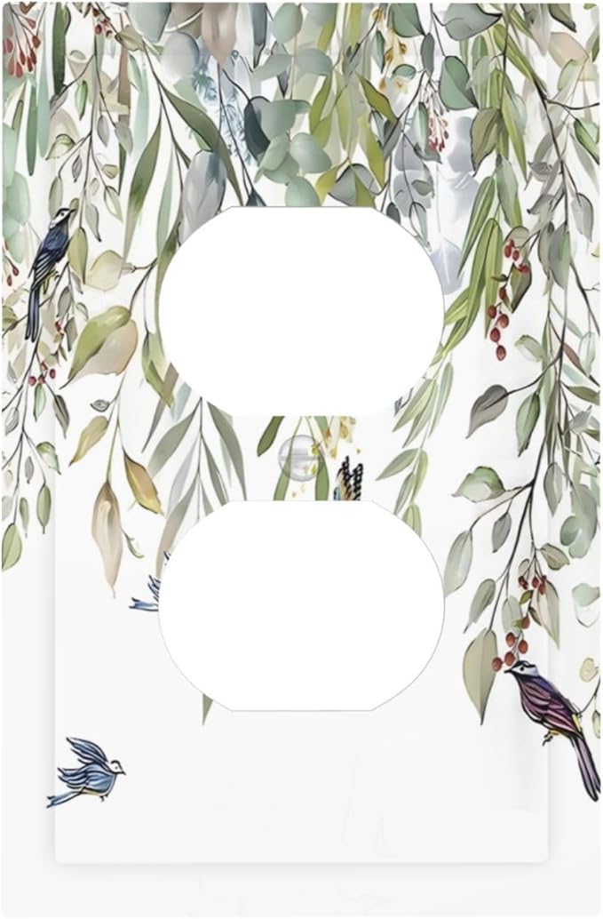 Green Leaf Eucalyptus Leaves Floral Bird Butterfly Outlet Covers 1 Gang Duplex Light Switch Cover Decorative Switch Plates Electrical Receptacle Faceplate Wall Plate for Bed Room Living Room Decor