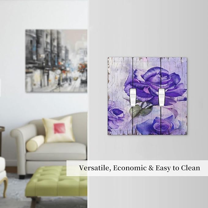 Light Switch Cover Purple Rose Flower Rustic Wood Plank 2 Gang Wall Plate Double Light Switch Plate Toggle Decorative Outlet Covers Electrical Switchplate for Farmhouse Bathroom Decor