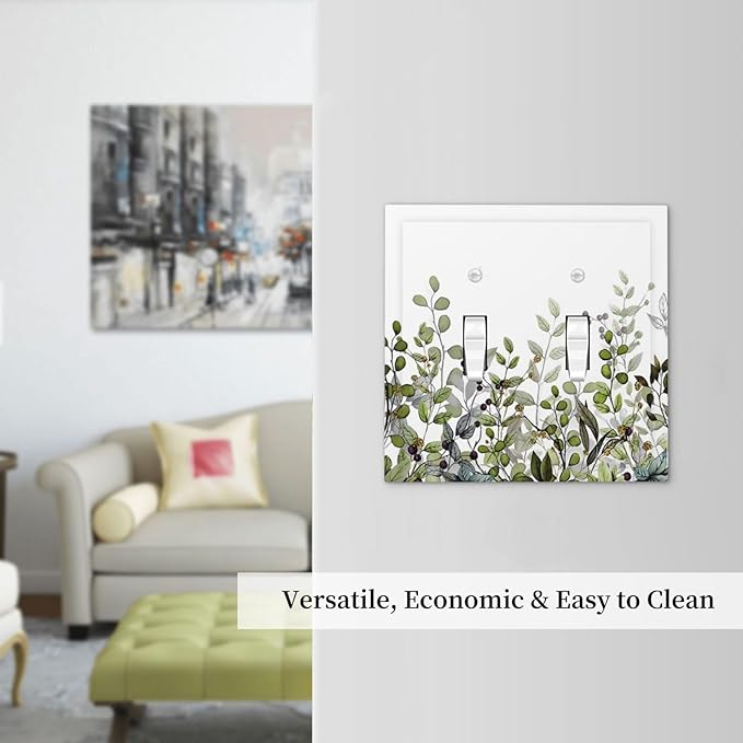 Watercolor Green Eucalyptus Leaves Plants Fruit Decorative Switch Plates 2 Gang Double Toggle Outlet Light Switch Cover Wall Plate Electrical Faceplate for Bed Room Living Room Decor