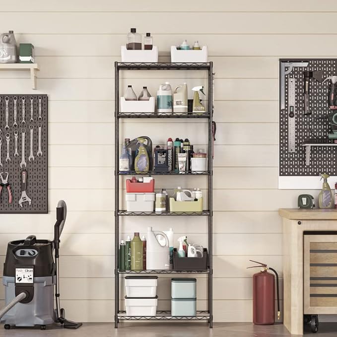 SONGMICS 6-Tier Storage Shelves, Wire Shelving Unit, Kitchen Metal Shelves, Storage Rack with Adjustable Shelves, Shelf Liners, 8 Hooks, for Garage, 11.4 x 23.2 x 63 Inches, Black ULGR066B01