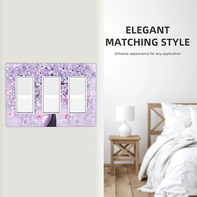 Light Switch Cover 3D Purple Tree 3 Gang Wall Plate Triple Light Switch Plate Rocker GFCI Outlet Covers Decorative Receptacle Cover for Bathroom Bedroom Decor