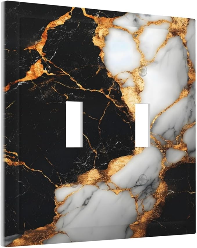 Decorative Light Switch Cover Plate Black Gold Marble 2 Gang Switch Plate Covers Double Toggle Wall Plate Dual Device Faceplate for Country Bathroom Bedroom Decor