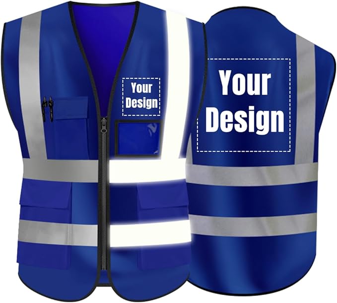 YOWESHOP High Visibility Safety Vest Custom Your Logo Protective Workwear 5 Pockets With Reflective Strips Outdoor Work Vest (Navy Blue (4XL))