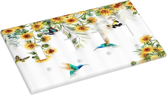 Yellow Sunflower Blue Hummingbird Butterfly Quad Toggle Light Switch Cover Decorative Rustic Farmhouse Floral Plant 4 Gang Wall Plate Cover 4 Hole Electrical Device Switchplates for Bathroom