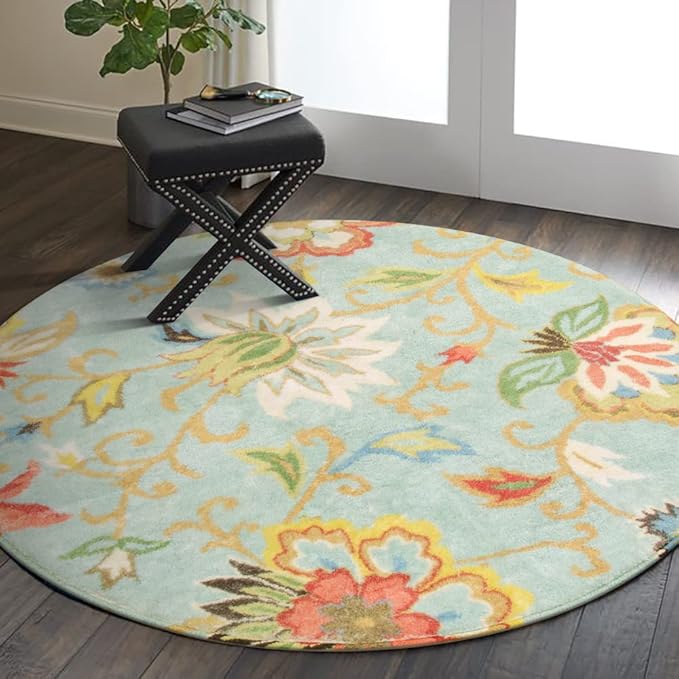 Lahome Collection Modern Floral Round Rug - 4' Diameter Non-Slip Distressed Area Rug Small Accent Throw Rugs Floor Carpet for Door Mat Entryway Bedrooms Laundry Room Decor (4 ft, Paisley)