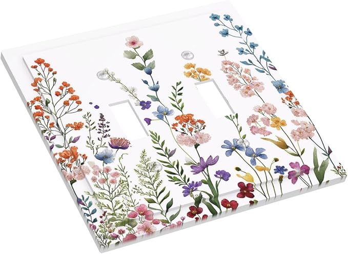 Rustic Wild Floral Vintage Colorful Flowers Double Toggle Light Switch Covers Decorative 2 Gang Wall Plate Cover Dual Device Electrical Switchplate Dimmer Faceplate for Bathroom Decor