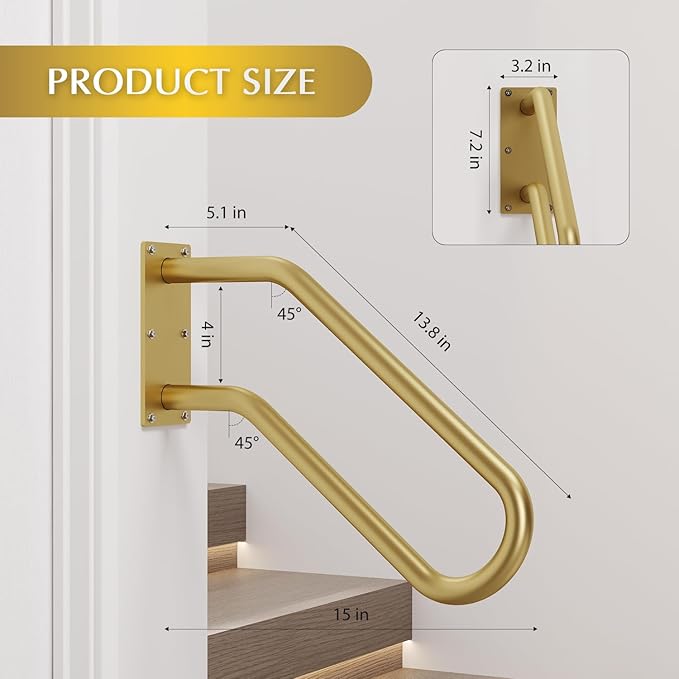 Hand Rails for Outdoor 1-2 Steps, Indoor Stairs, Bathroom, Wall Mount Non-Slip U-Shape Stair Hand Railing Gold 1 Pack