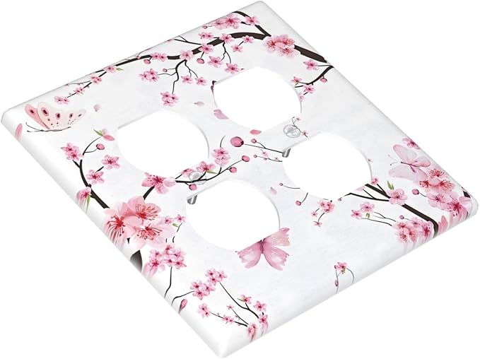 Cherry Floral Watercolor Pink Flowers Butterfly Outlet Covers 2 Gang Double Duplex Decorative Light Switch Covers Electrical Wallplates Socket Faceplate for Bed Room Living Room Decor