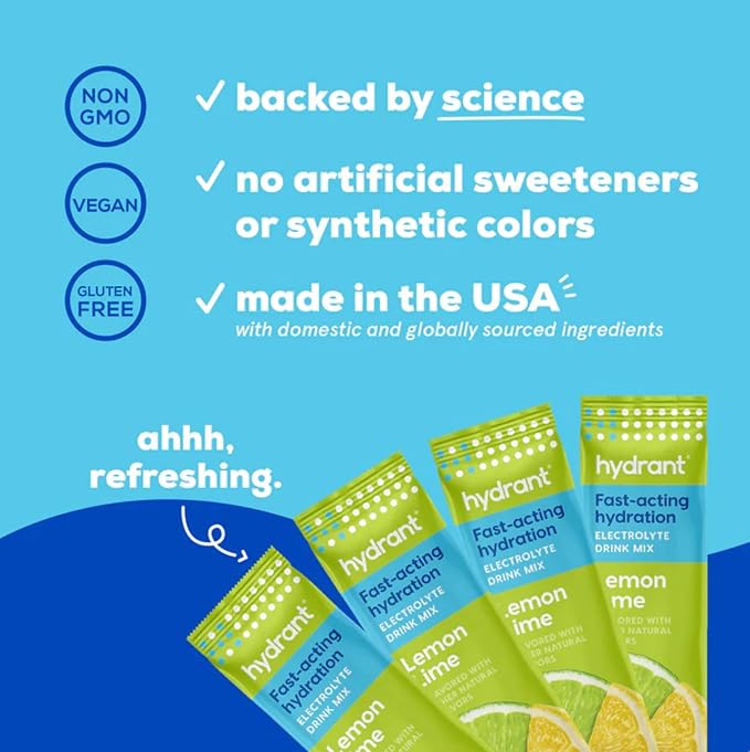 Hydrant Hydrate, Individual Hydration Electrolyte Powder Stick Packets with No Artificial Sweeteners, Colors, or Fillers (Lemon Lime, 30 Pack)