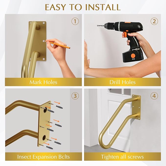 Hand Rails for Outdoor 1-2 Steps, Indoor Stairs, Bathroom, Wall Mount Non-Slip U-Shape Stair Hand Railing Gold 1 Pack