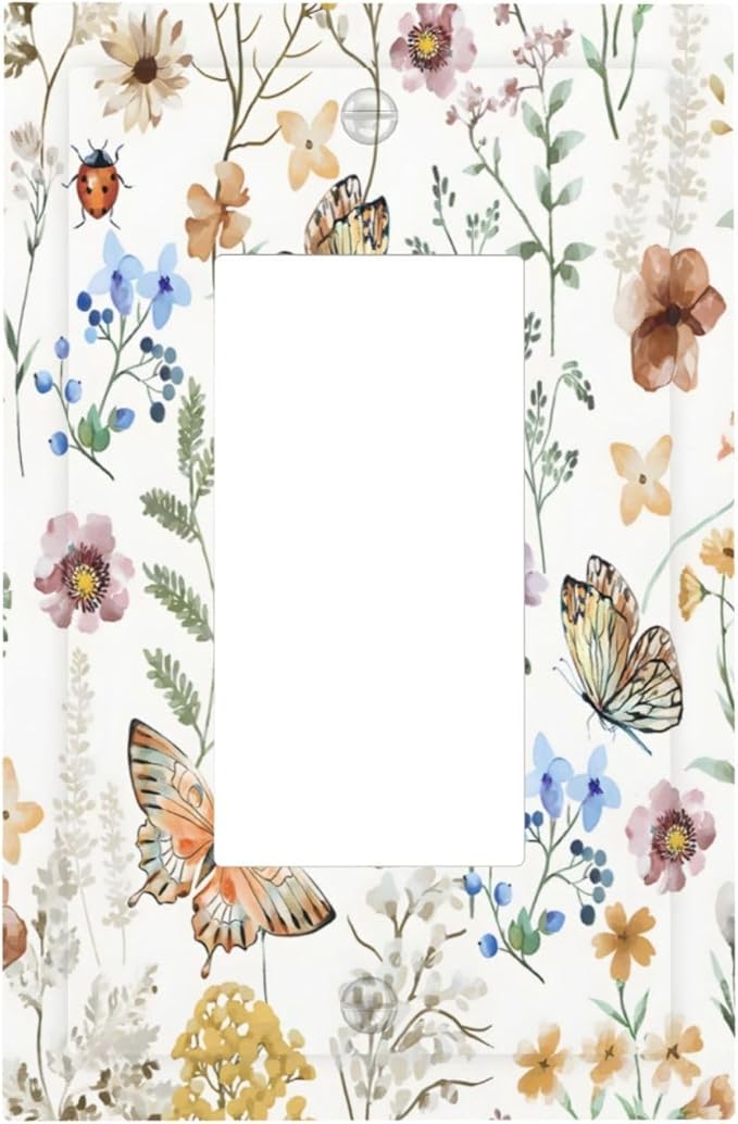 Boho Multicolor Flower Butterfly Insect Floral Decorative Outlet Covers 1 Gang Single Rocker Light Switch Cover Plate Wall Plates GFCI Faceplate for Bedroom Living Room Decor