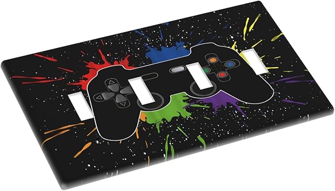 Classic Videogames Controller Black Splash Ink Colorful Light Switch Covers Quad Toggle Electrical Faceplate 4 Gang Wall Plate Decorative Switch Plates Cover for Kids Room Nursery Decor
