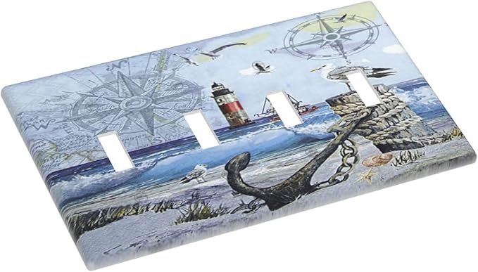 Light Switch Cover Sea Ocean Sand Coast Compass Ship Lighthouse Anchor 4 Gang Switch Plate Quad Toggle Wall Plates Decorative Switchplate Electrical Outlet Cover Plates for Bathroom Decor