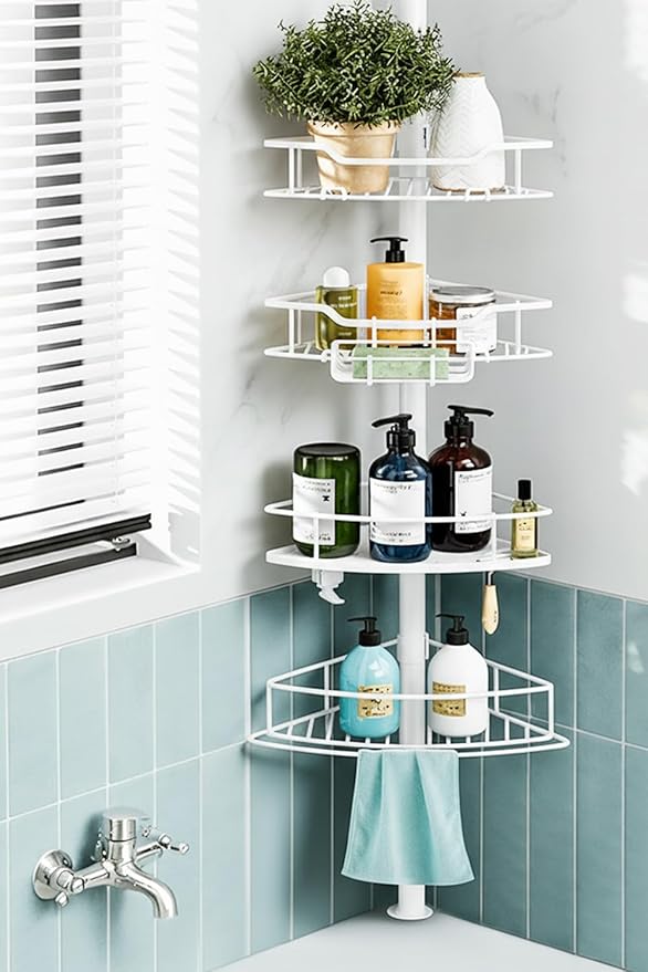 Corner Shower Caddy Tension Pole, 4 Tier Rustproof Shower Tension Rod Organizer, Adjustable 25-125 Inch Bathroom Shower Organizer Shelves for Bathtub Shampoo Storage, White