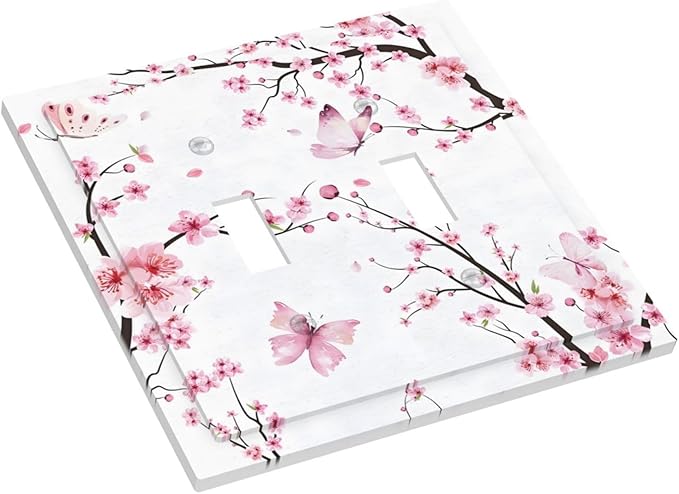 Cherry Floral Watercolor Pink Flowers Butterfly Decorative Switch Plates 2 Gang Double Toggle Outlet Light Switch Cover Wall Plate Electrical Faceplate for Bed Room Living Room Decor
