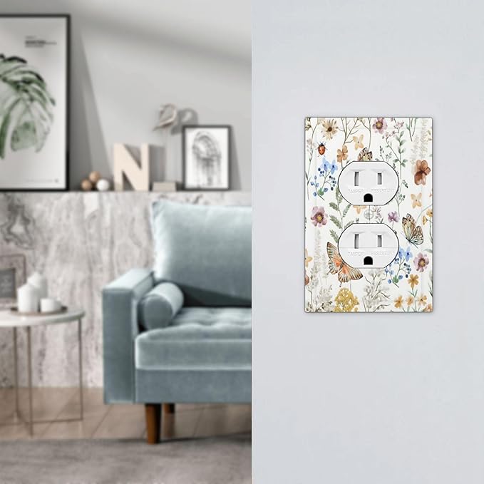 Boho Multicolor Flower Butterfly Insect Floral Outlet Covers 1 Gang Duplex Light Switch Cover Decorative Switch Plates Electrical Receptacle Faceplate Wall Plate for Bedroom Living Room Decor