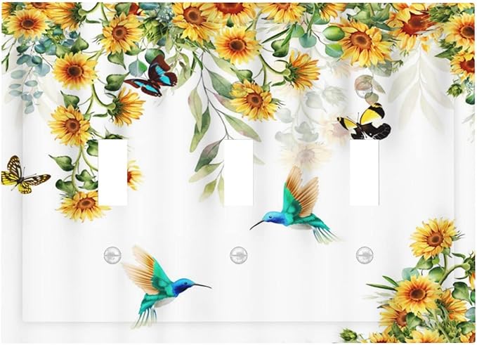 Yellow Sunflower Blue Hummingbird Butterfly 3 Gang Light Switch Covers Decorative Rustic Farmhouse Floral Plant Triple Toggle Wall Plate Cover 3 Hole Electrical Device Switchplate for Bathroom