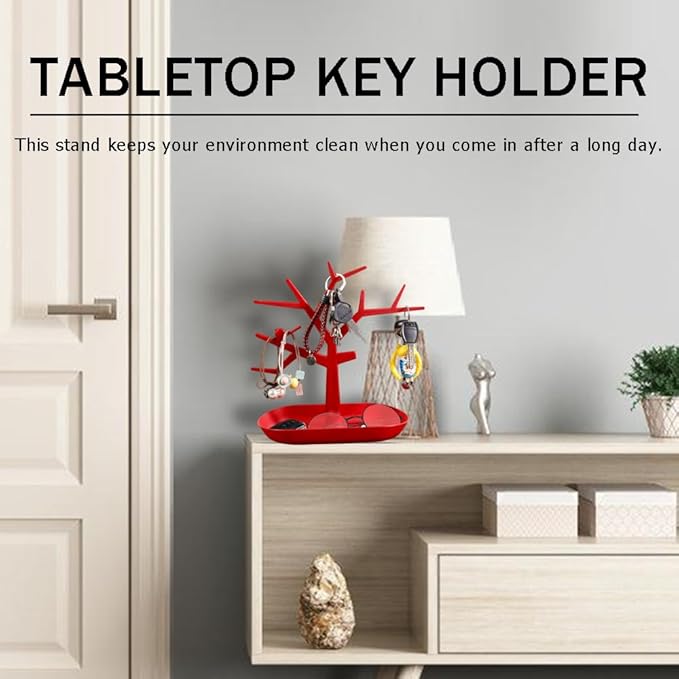 Tabletop Key Holder Stand Tree Key Rack,Stand Jewelry Display Necklace Ring Earring Holder Rack,Jewelry Organizer Tray Home Decor for Home Entryway (Red)