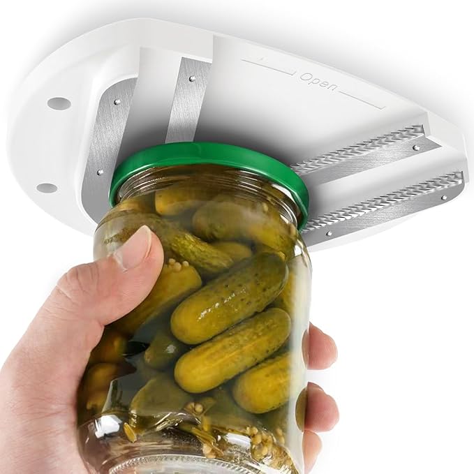 Mount-on Cabinet Jar Opener for Weak Hands,Seniors with Arthritis,Double U Shaped Grooves Grip Bottle Opener for Any Size Lid,304 Stainless Steel One-Handed Can Opener Tool for Home Assistance,White