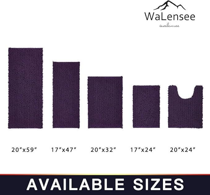 Walensee Bathroom Rug 2 Pieces Set Non Slip Bath Mat (17x24 Plus 20x32 Inch Dark Purple) Water Absorbent Super Soft Shaggy Chenille Machine Washable Dry Extra Thick Perfect Carpet for Shower Floor