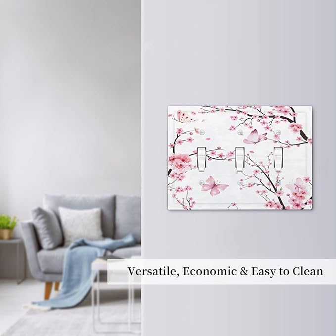 Cherry Floral Watercolor Pink Flowers Butterfly Decorative Switch Plates 3 Gang Wall Plate Triple Toggle Light Switch Cover Faceplate Electrical Wall Panels for Bed Room Living Room Decor