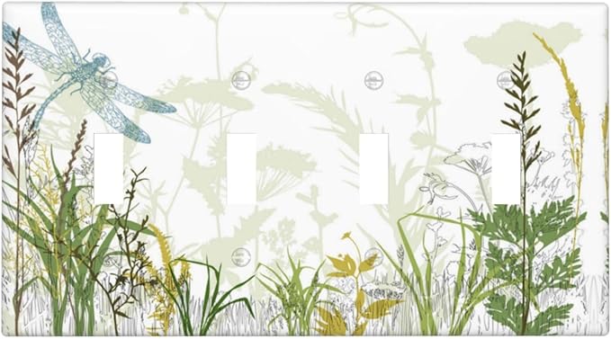 Wild Flower Dragonfly 4 Gang Toggle Light Switch Cover Plates Decorative Electric Outlet Covers Decorator Wall Switch Plate Receptacle Plug Covers 8 * 4.5 Inches