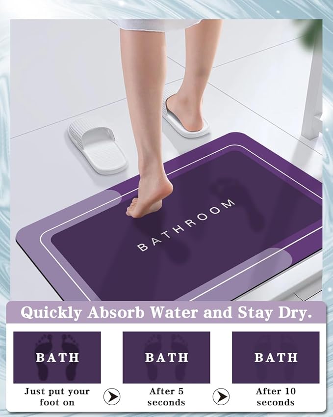 Bath Mat, Bathroom Mat Rugs Super Absorbent Shower Mats Non Slip Quick Dry Thin Rubber Mats for Bathroom Floor Fit Under Door, Shower Rug for Bathtub, Shower, Purple