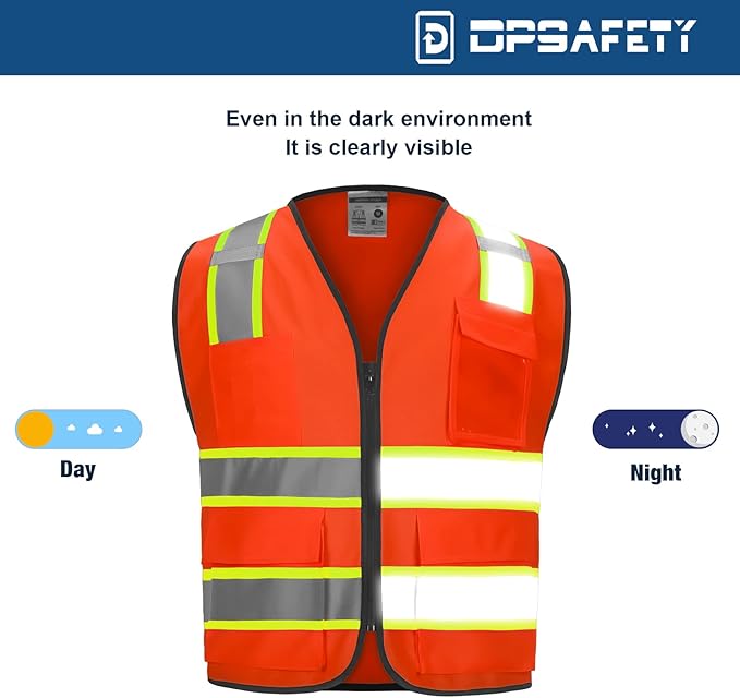 9 Pocket High Visibility Class 2 Safety Vest with 2 Inch Reflective Strips and Zipper Construction Work Vest for Men & Women Orange, 5XL