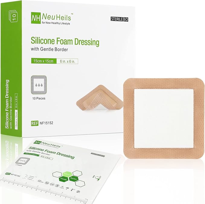 Silicone Adhesive Foam Dressing with Gentle Border 6''x6'', 10 Packs for Bed Sore Leg Ulcer, High Absorbency Waterproof Silicone Wound Bandages by NeuHeils