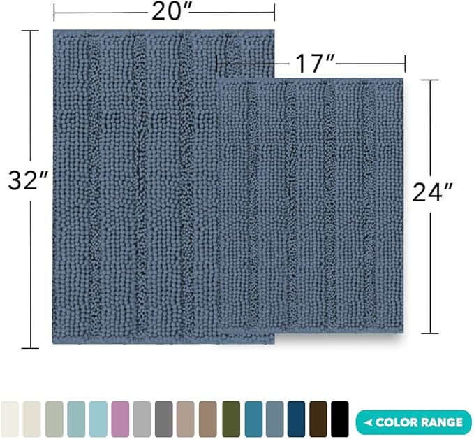 Turquoize Chenille Bathroom Rugs Set Non-Slip Bath Mats Extra Soft and Absorbent Shaggy for Floor Indoor Mat Kitchen/Entryway (20" x 32" and 17" x 24"), Blue Indigo