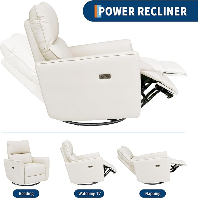 Power Recliner Chair Swivel Glider Faux Leather Upholstered Nursery Rocker Reclining Sofa Chair with Charging Port, Curved Armrests & Padded Backrest for Living Room and Bedroom(Power Beige)