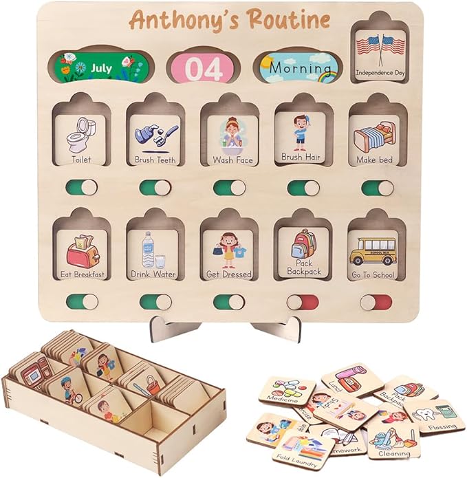 Personalized Wooden Daily Routine Chart, Visual Schedule, Routine Chart for Toddlers, Morning Bedtime Routine Chart for Toddlers (02)