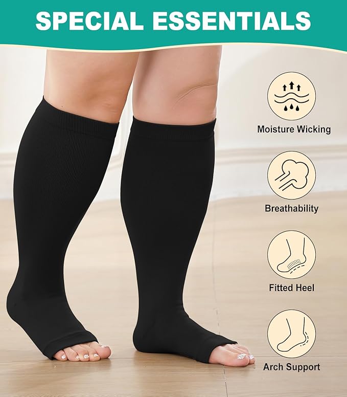 Plus Size Compression Socks: Wide Calf Toeless Stockings for Men Women - Open Toe 20-30 mmHg Compression Hose Support for Travel Nurses
